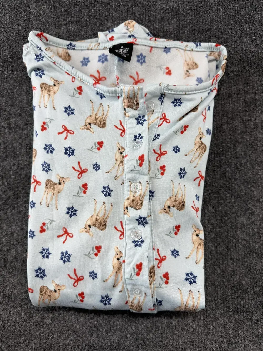 Pajama Romper Womens M Blue Deer Snowflake Christmas Fleece Button Long Sleeve